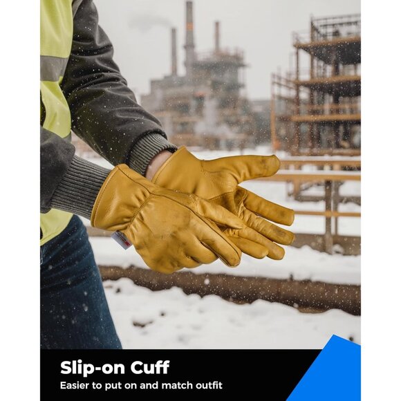 Men's 100% Grain Cowhide with Warm Thinsulate Lining Leather Winter Work Gloves - Picture 5 of 8